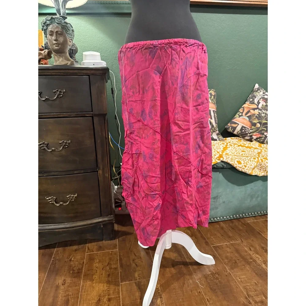 Click by Color Me Cotton Pink Purple Abstract Handkerchief Hem Midi Skirt Vintag